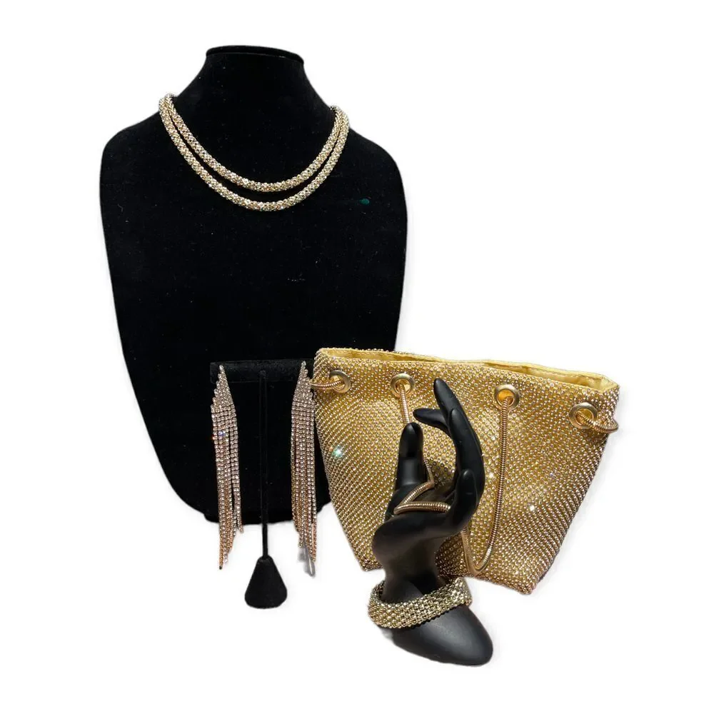 Gold Mesh Bling Formal Hobo Glitz Bag Earring Necklace Bracelet Set